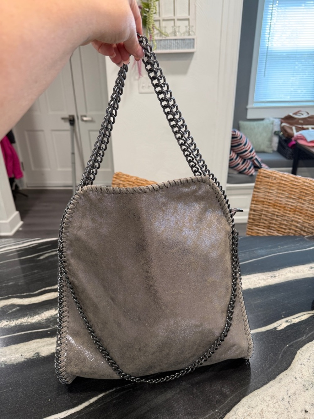 Metallic Gray Chain-Trim Shoulder Bag